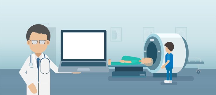 Vector medical service concept with blank screen notebook and patient with mri scan machine flat design vector illustration