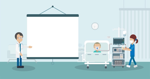 Vector medical service concept with blank screen projector and critical patient flat design vector illustration