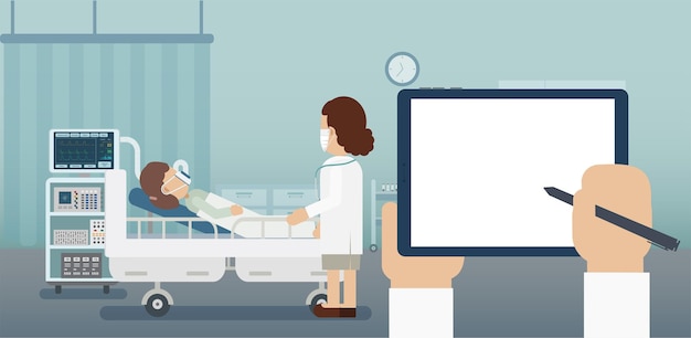 Medical service concept with blank screen tablet and patient with ventilator