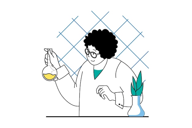 Medical service concept with people scene in flat web design woman examining liquid in flask for disease analysis in laboratory vector illustration for social media banner marketing material