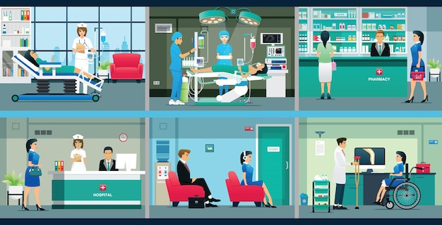 Medical service in hospital with doctors and nurses.