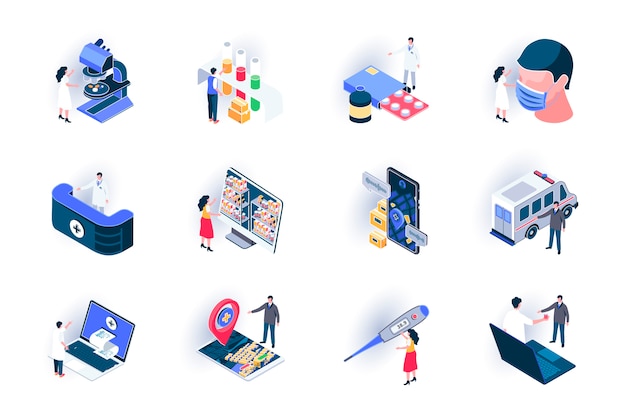 ベクトル 医療サービス等尺性のアイコンを設定します。診療所での診断と治療のフラットイラスト。オンラインの医師相談、生命保険、ヘルスケアの3dアイソメピクトグラム