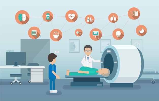 medical service with doctor and patient in mri scanner flat design vector illustration