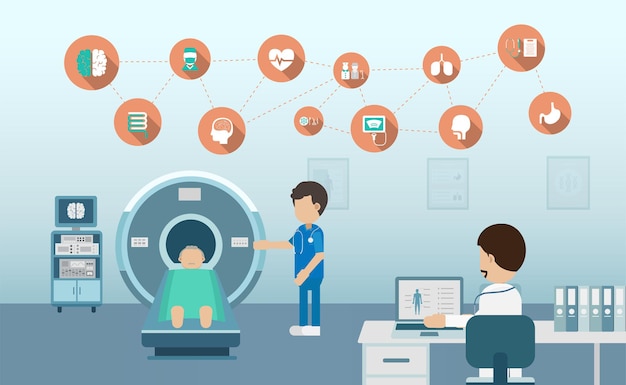 medical service with doctor and patient in mri scanner flat  design vector illustration