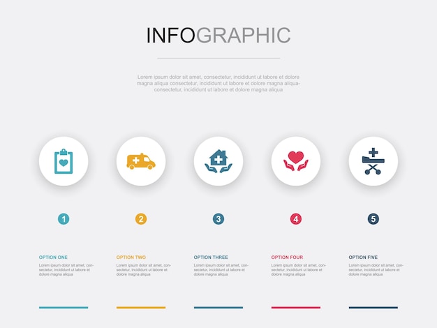의료 서비스 응급 가정 치료 예방 치료 환자 교통 아이콘 인포그래픽 디자인 레이아웃 디자인 템플릿 5단계로 구성된 크리에이티브 프리젠테이션 개념