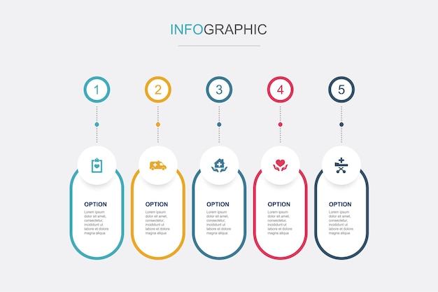 Medical services Emergency home care Preventative care patient Transportation icons Infographic design template Creative concept with 5 steps