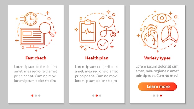 선형 C가 있는 의료 서비스 온보딩 모바일 앱 페이지 화면