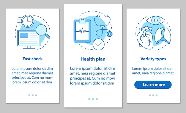 Schermata della pagina dell'app mobile per l'onboarding dei servizi medici con concetti lineari. diagnosi. esame medico. istruzioni grafiche per i passaggi sanitari e medici. modello vettoriale ux, ui, gui con illustrazioni