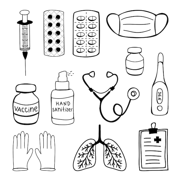 Vector medical set of hand drawn doodle elements isolated on white background