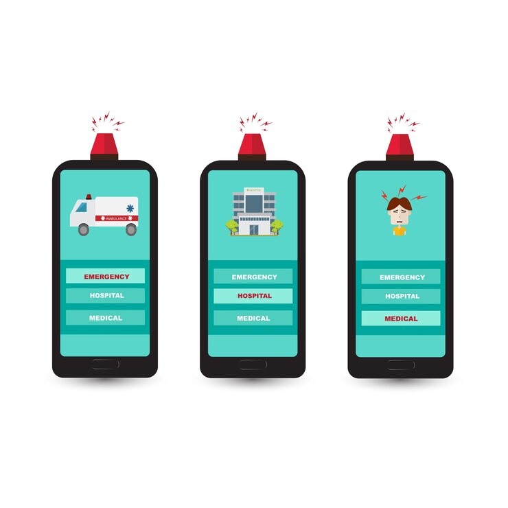 Медицинский смартфон с чрезвычайной ситуацией, больница и медицинская концепция в плоском стиле.