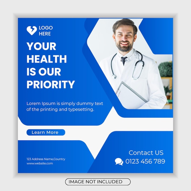 의료 소셜 미디어 배너 또는 사각형 전단지 서식 파일 Premium 벡터