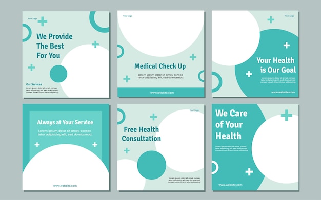 医療ソーシャル メディアの投稿テンプレート デザイン コレクション。