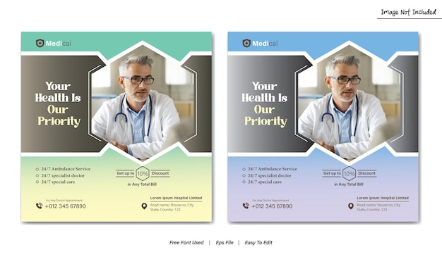 Vector medical social media post template health banner template for social media medical square ad desig