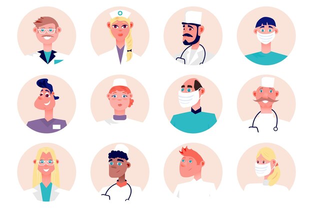 Vector medical staff people avatars isolated set portraits of female and male mascots working as doctors