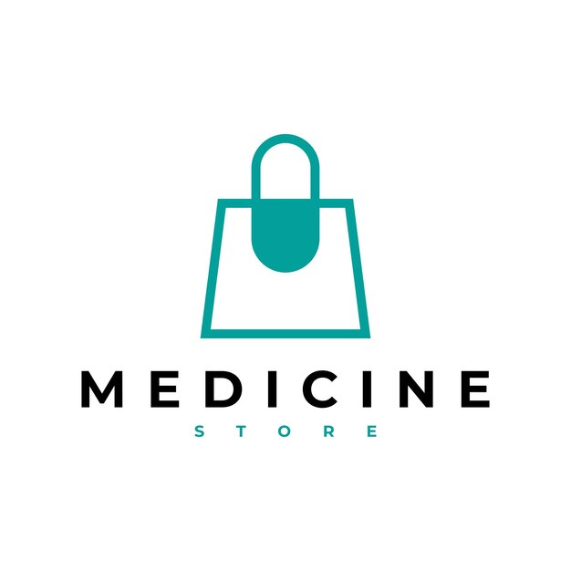 Медицинский магазин, магазин, сумка, капсула, линия, очертание, логотип, вектор, икона, иллюстрация