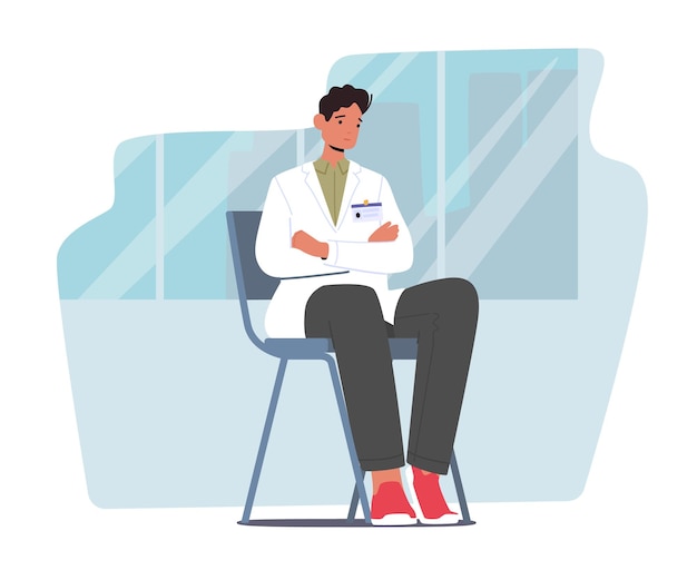 Medical student intern male character in doctor uniform with badge sitting on chair with crossed hands listening seminar