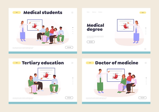 Medical students studying concept of landing pages set with doctor professor giving lecture to class