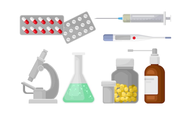 医療用品ベクトルセット 医療環境で使用されるさまざまな医薬品とツール 人間の治療のためのものコンセプト