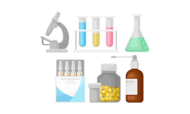 Medical stuff vector set different medicines and tools used in medical environment things for human treatment concept