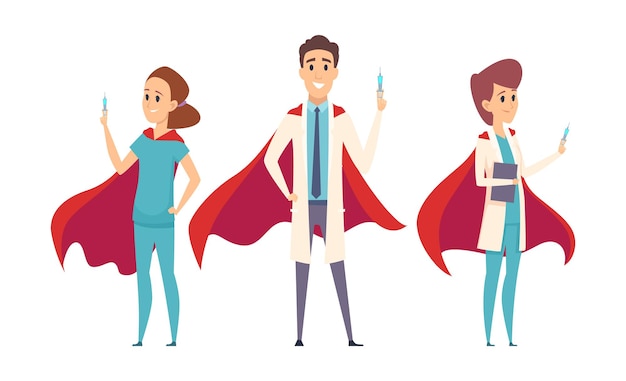 医療スーパーヒーローチーム。医師はヒーローマント、看護師セラピスト病院のスタッフを着用します。ウイルス対策、予防接種時間のベクトル文字。イラストスーパーヒーロープロ、医療支援
