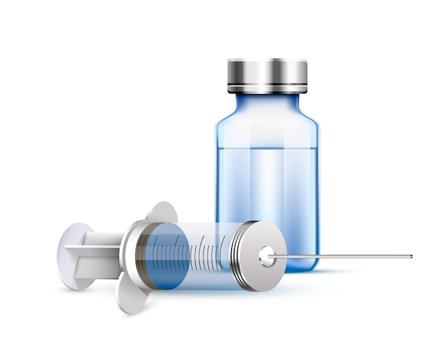 Medical syringe and ampoule, objects on white background . vector illustration