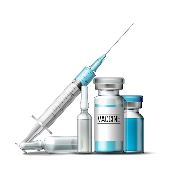 Vector medical syringe with blue liquid and medicine ampoules and vials