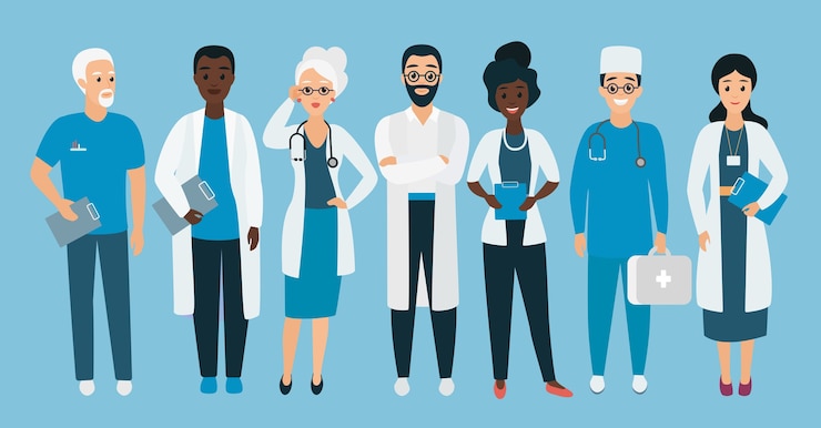 Vector medical team doctors standing together in line