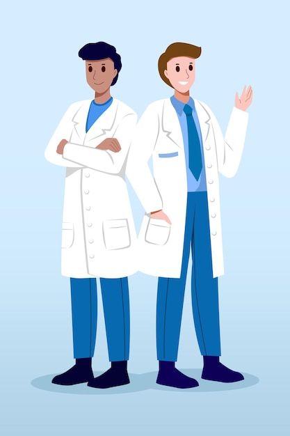 Medical Team Male doctors with white coat Cartoon characters Vector