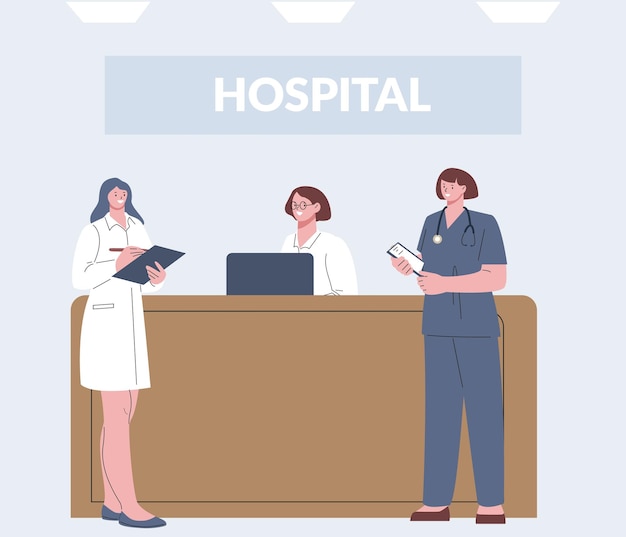 Vector medical team on reception hospital doctors and nurse cartoon healthcare workers ambulance and clinic vector characters illustration of doctor hospital reception staff