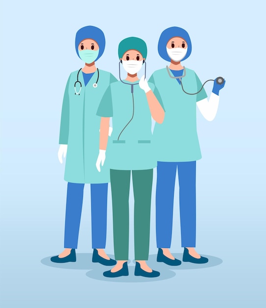 Medical Team Surgeons with surgical gowns Cartoon characters Vector