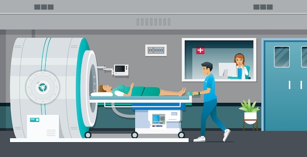 MRI 기계로 환자를 검사하는 의료 기술자.