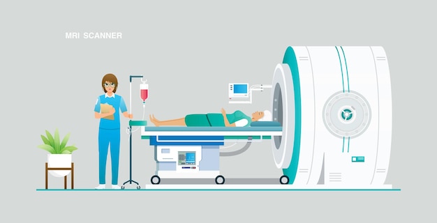 Vettore i tecnici medici stanno portando i pazienti a uno scanner mri.