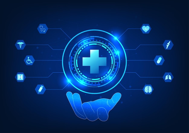 medical technology hand holding technology circle connected to medical icons it represents