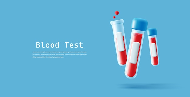 Medical test blood sample tube beaker with cap and name label 3d icon laboratory banner illustration