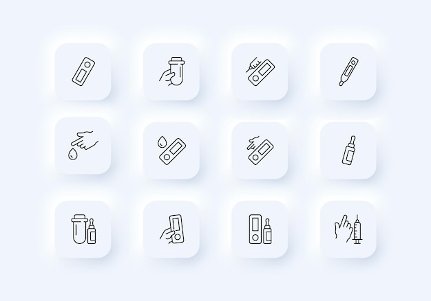 Medical tests set icon Covid 19 coronavirus virus pregnancy take a test liquid test tube vaccine lymph finger syringe blood result Healthcare concept Neomorphism style Vector line icon