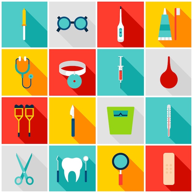 Strumenti medici icone colorate. illustrazione di vettore. set di articoli per la salute a rettangolo piatto con ombra lunga.