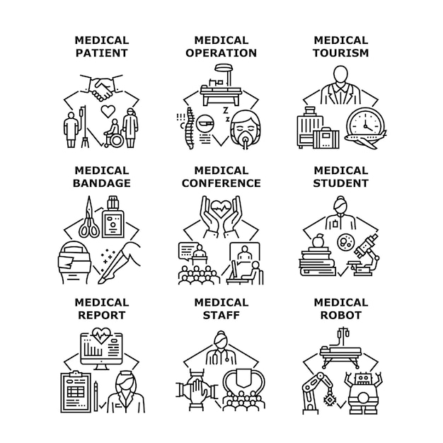 Medical tourism set icons vector illustrations