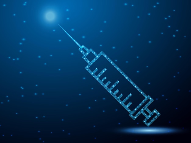 Флакон с шприцом для инъекций медицинской вакцины с низкополимерной каркасом с абстрактной линией и точкой сетки Многоугольная каркасная каркас и низкополиметровая иллюстрация на темно-синем фоне