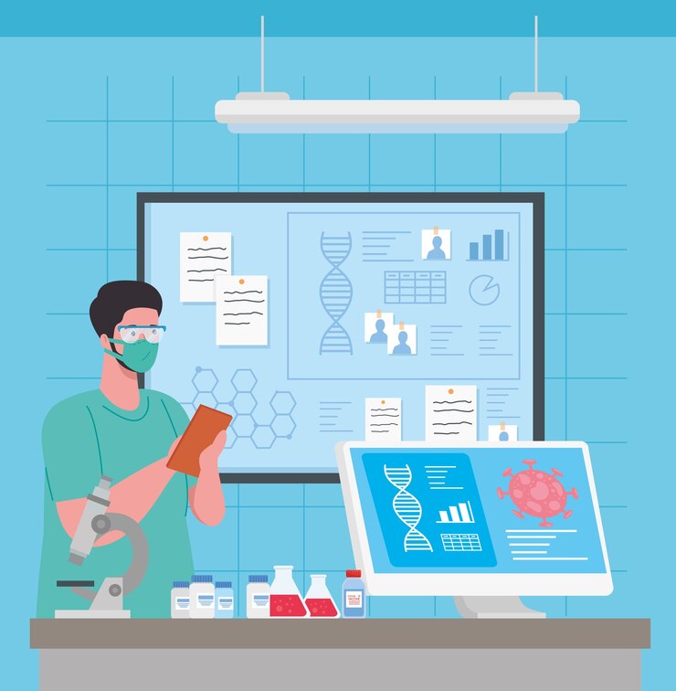 Vector medical vaccine research coronavirus, doctor in laboratory for medical vaccine research and educational microbiology for coronavirus covid19 illustration