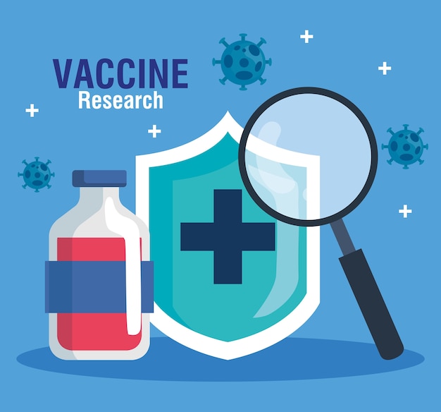 Исследование медицинской вакцины против коронавируса, с щитом, флаконом и увеличительным стеклом, исследование медицинской вакцины и образовательная микробиология для коронавируса covid19 иллюстрация