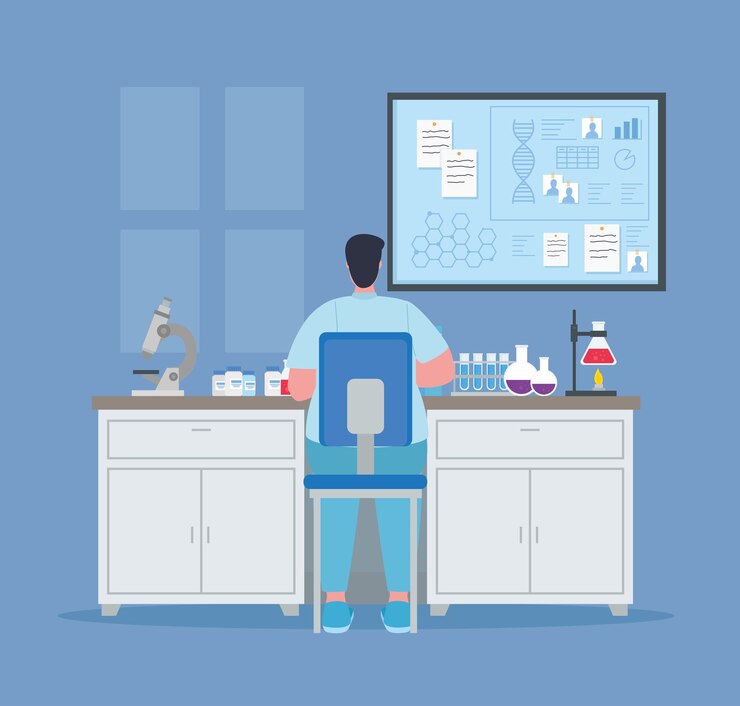 Vector medical vaccine research, doctor male in laboratory for scientific virus prevention study illustration