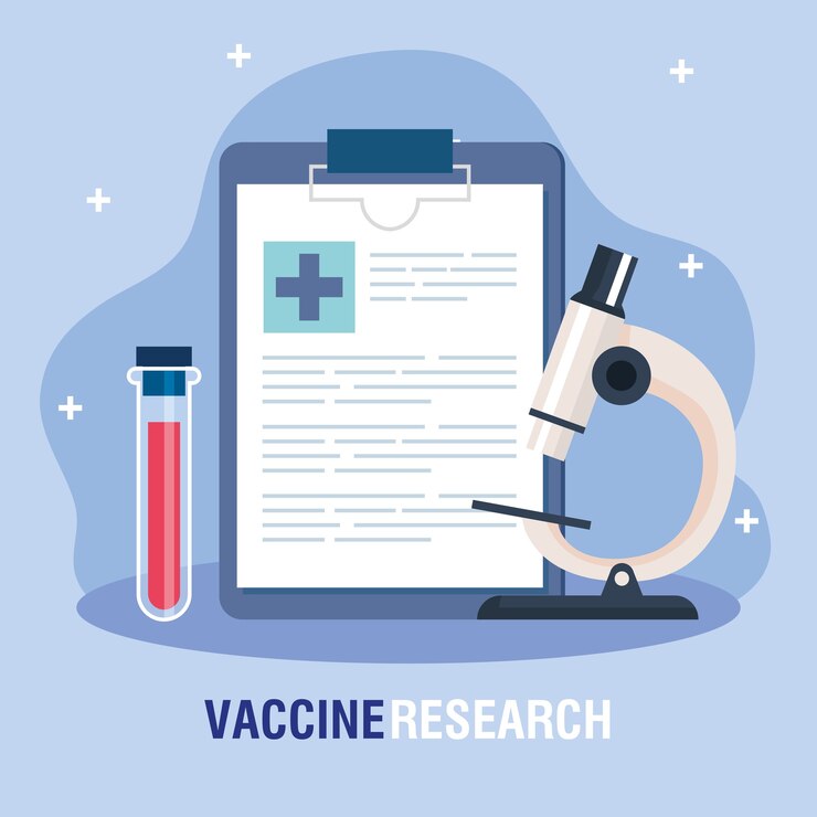 Vector medical vaccine research, with checklist, tube test and microscope, scientific virus prevention study illustration