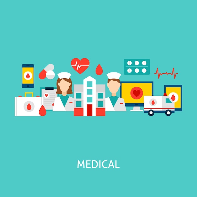 Concetto di vettore medico. illustrazione di vettore di progettazione del manifesto. set di oggetti per la salute.
