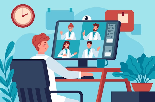 Vector medical video conference. doctor in video chat with coworkers online consulting diagnosis covid 19. virtual medical experts vector concept. medical practitioners having call, distant work