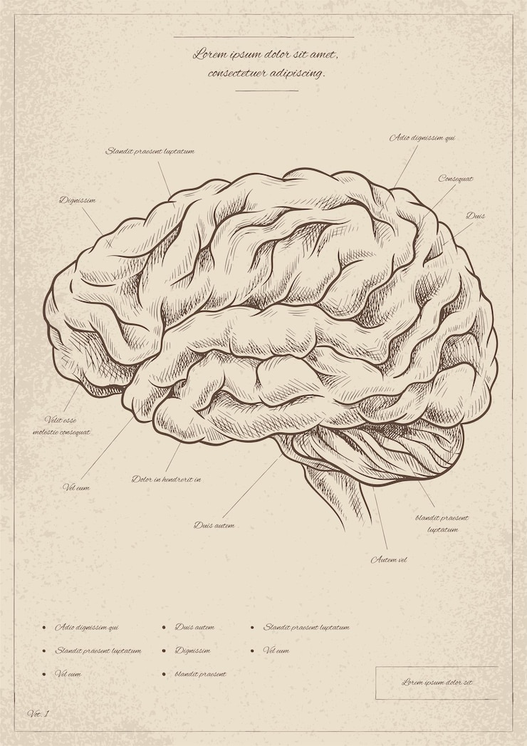 Vector medical vintage poster with brain minimalistic creativity and art medical infographics biology and