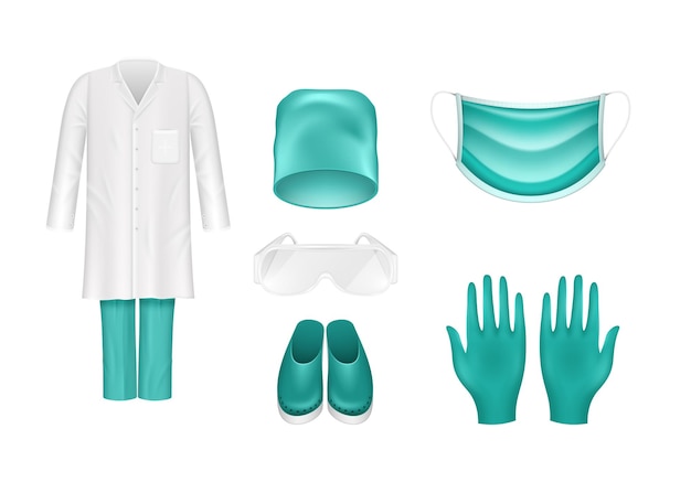 Medical worker uniform and accessories Realistic face mask coat hat shoes glasses and gloves