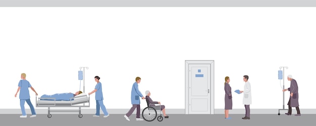 Medical workers doctors and patients in hospital corridor Clinic interior template with text place