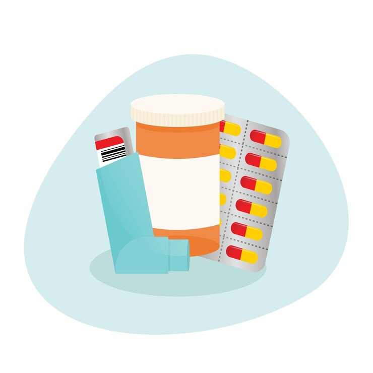 Vector medications with an inhaler, prescription bottle, packet of pills and lungs in the background