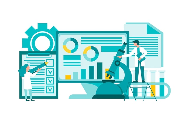 Vector medicijndiagnostiek en analyse laboratoriumonderzoek infographics op het computerscherm