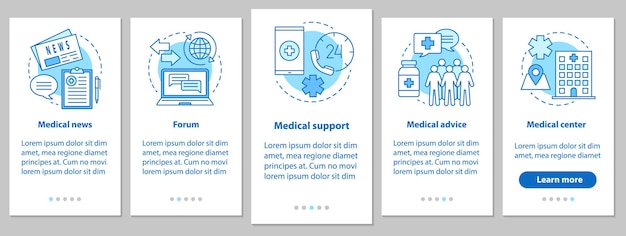 ベクトル 線形の概念を持つ医療とヘルスケアのオンボーディングモバイルアプリのページ画面。医療ニュース、フォーラム、アドバイス、クリニック、サポート手順のグラフィックの指示。イラスト付きのux、ui、guiベクトルテンプレート